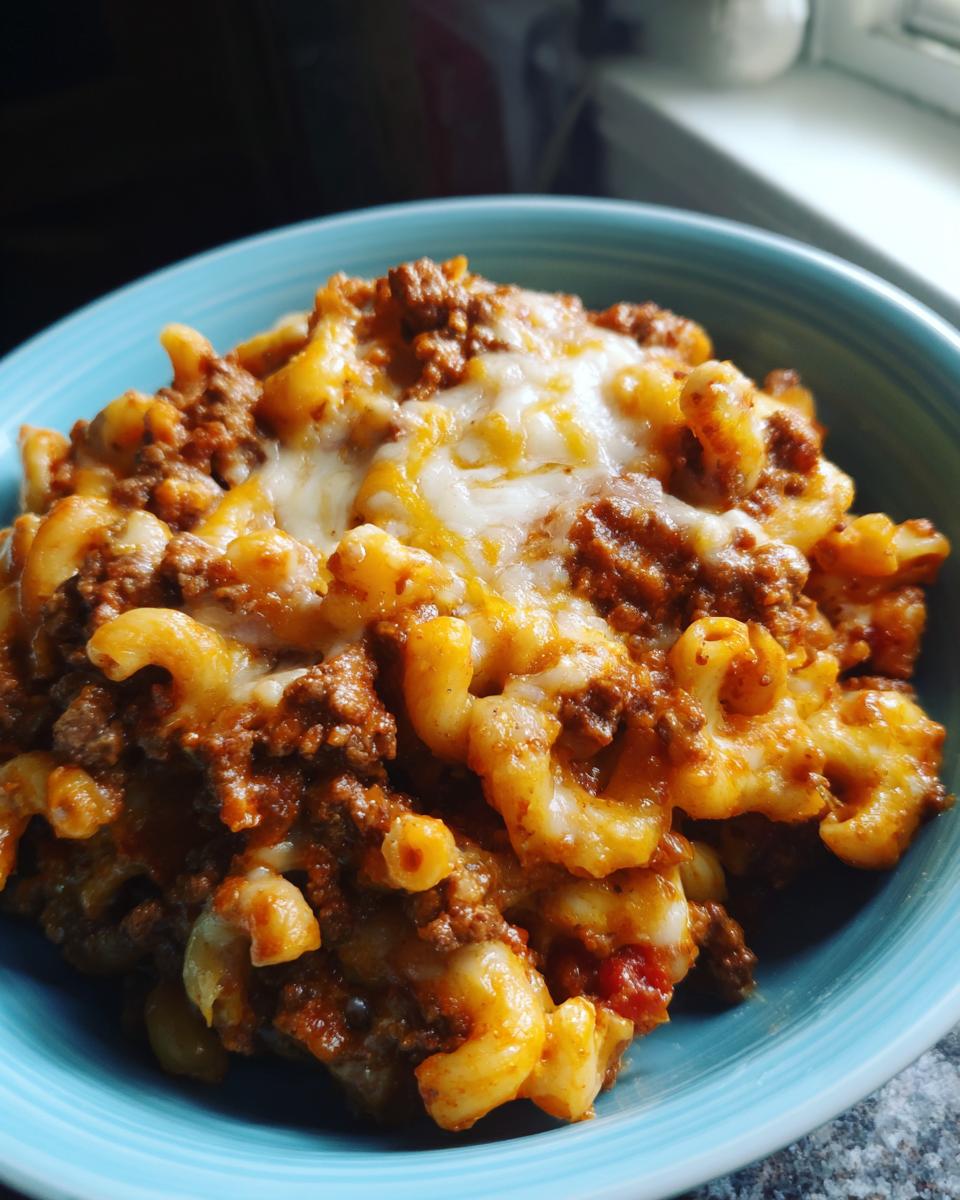 A close-up of cheesy taco pasta with ground beef in a blue bowl, perfect for weeknight meals.