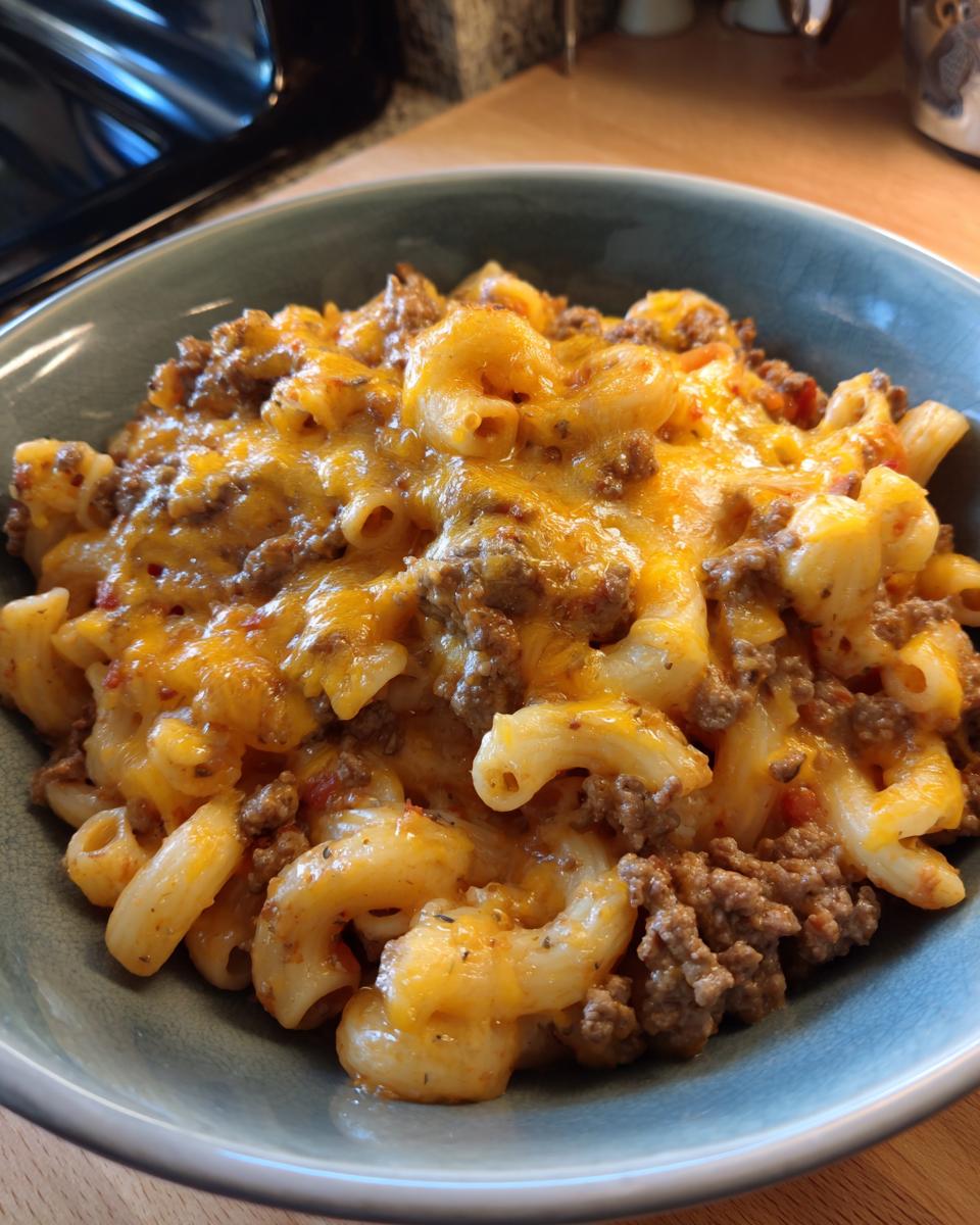 A bowl of cheesy taco pasta with ground beef, a perfect weeknight meal.