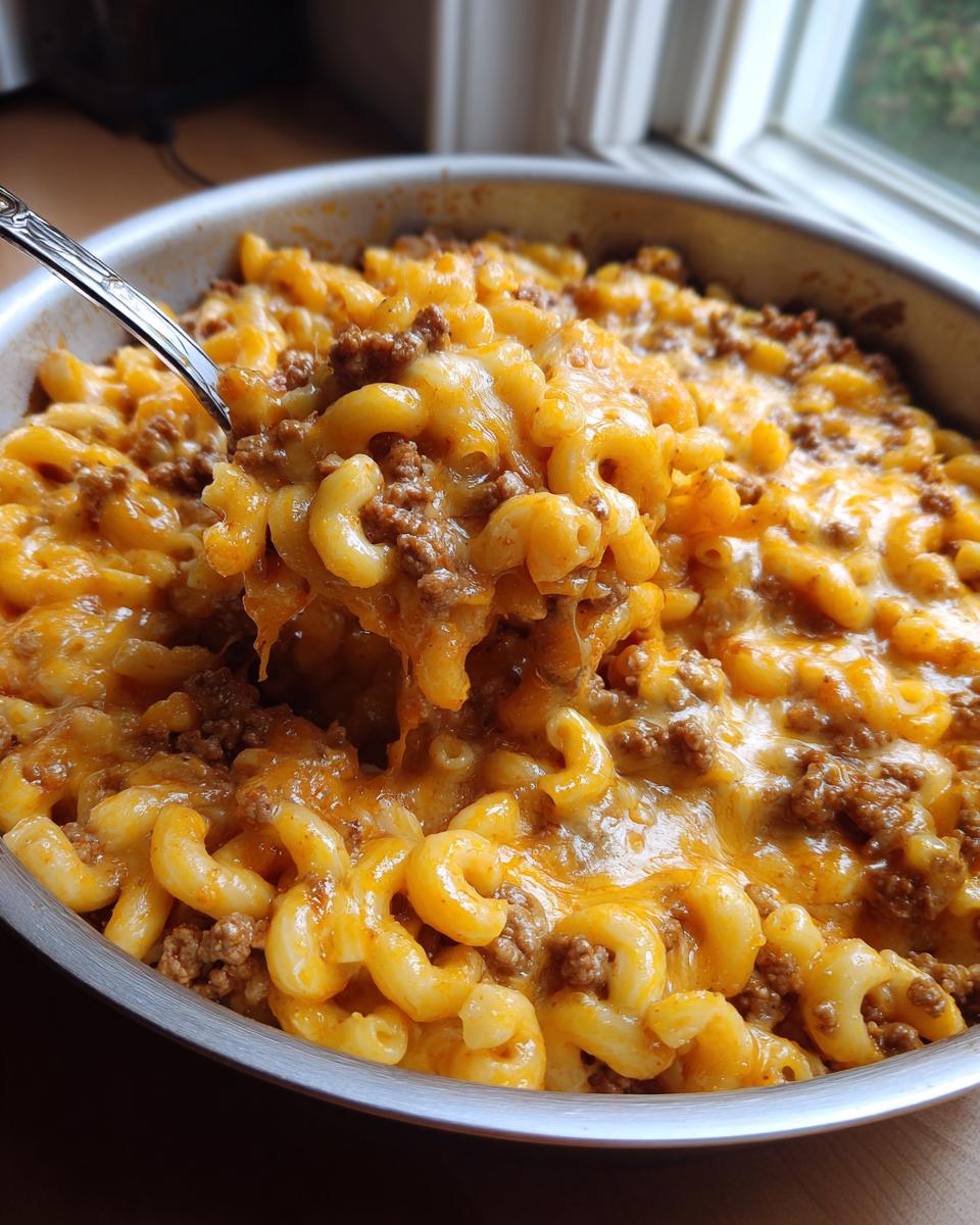 A spoonful of cheesy taco pasta with ground beef, showing melted cheese and elbow macaroni.
