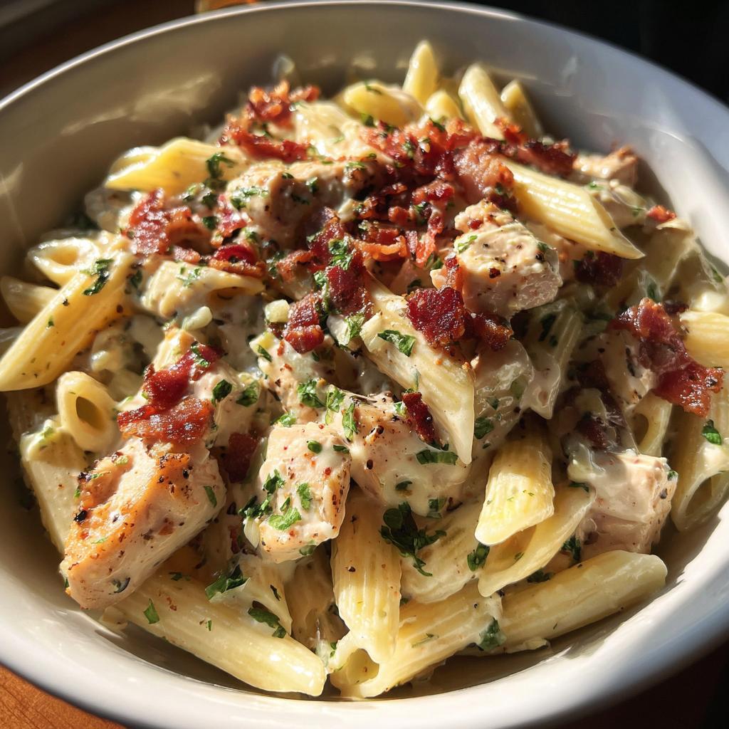 Close-up of creamy Chicken Bacon Ranch Penne Pasta, topped with crispy bacon and fresh parsley.