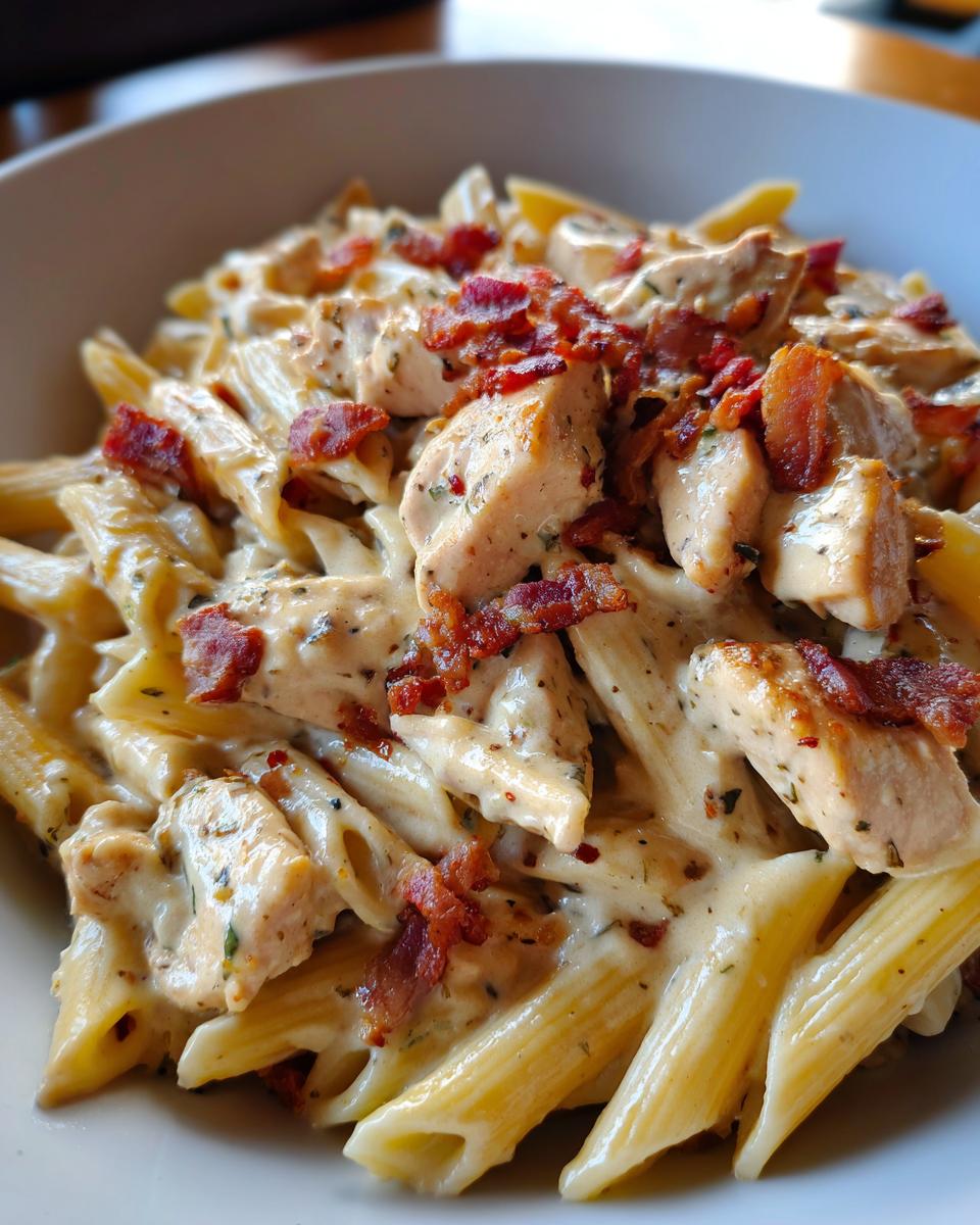 Close-up of creamy Chicken Bacon Ranch Penne pasta, topped with crispy bacon bits and tender chicken pieces.