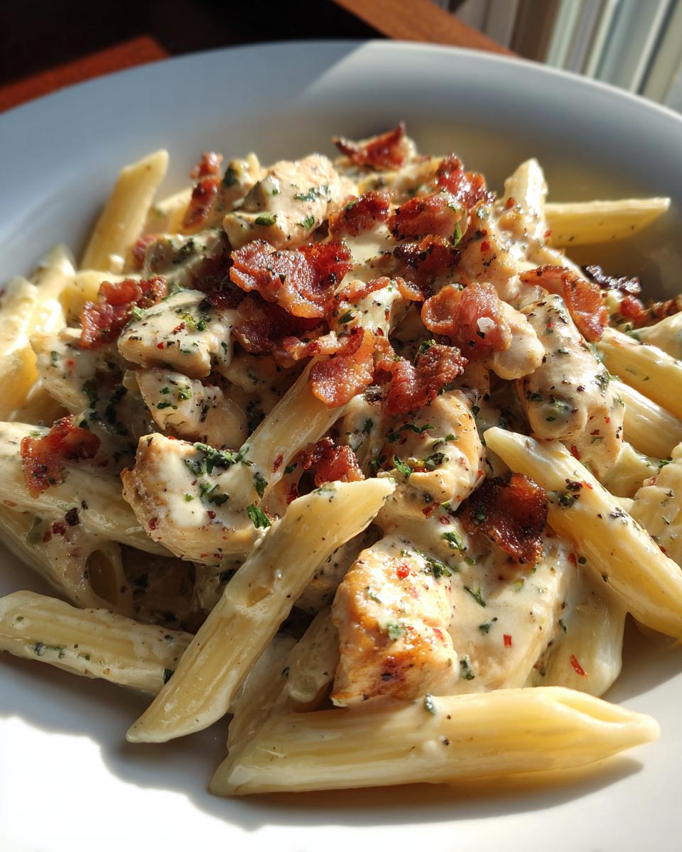 A close-up of creamy Chicken Bacon Ranch Penne pasta, topped with crispy bacon and fresh herbs.