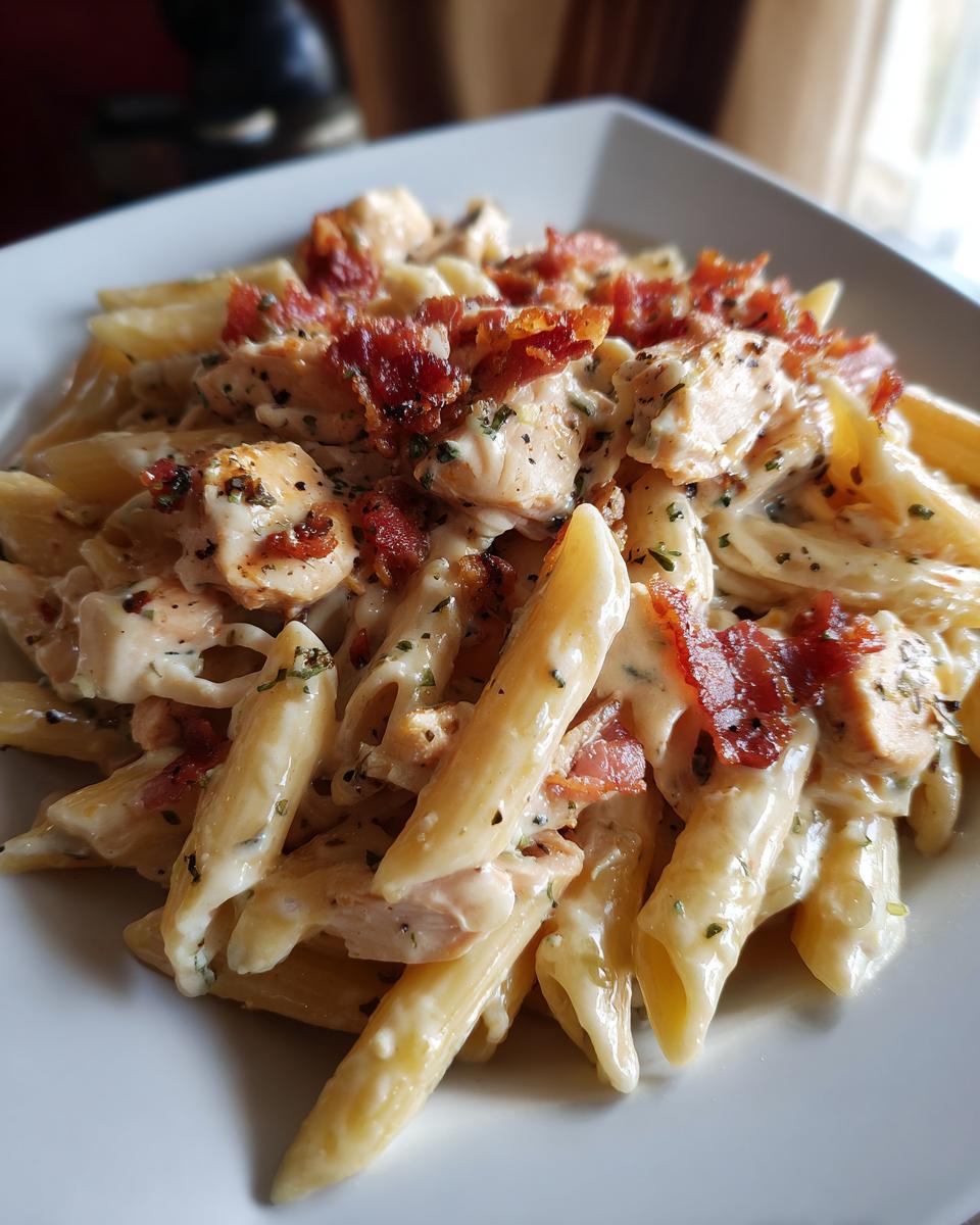 A close-up of creamy Chicken Bacon Ranch Penne pasta, topped with crispy bacon bits and herbs.