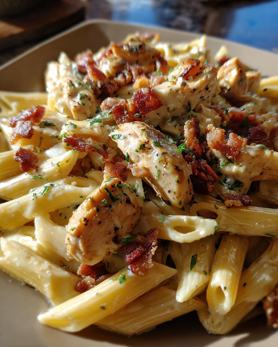 A close-up of creamy Chicken Bacon Ranch Penne pasta, topped with grilled chicken pieces and crispy bacon bits.