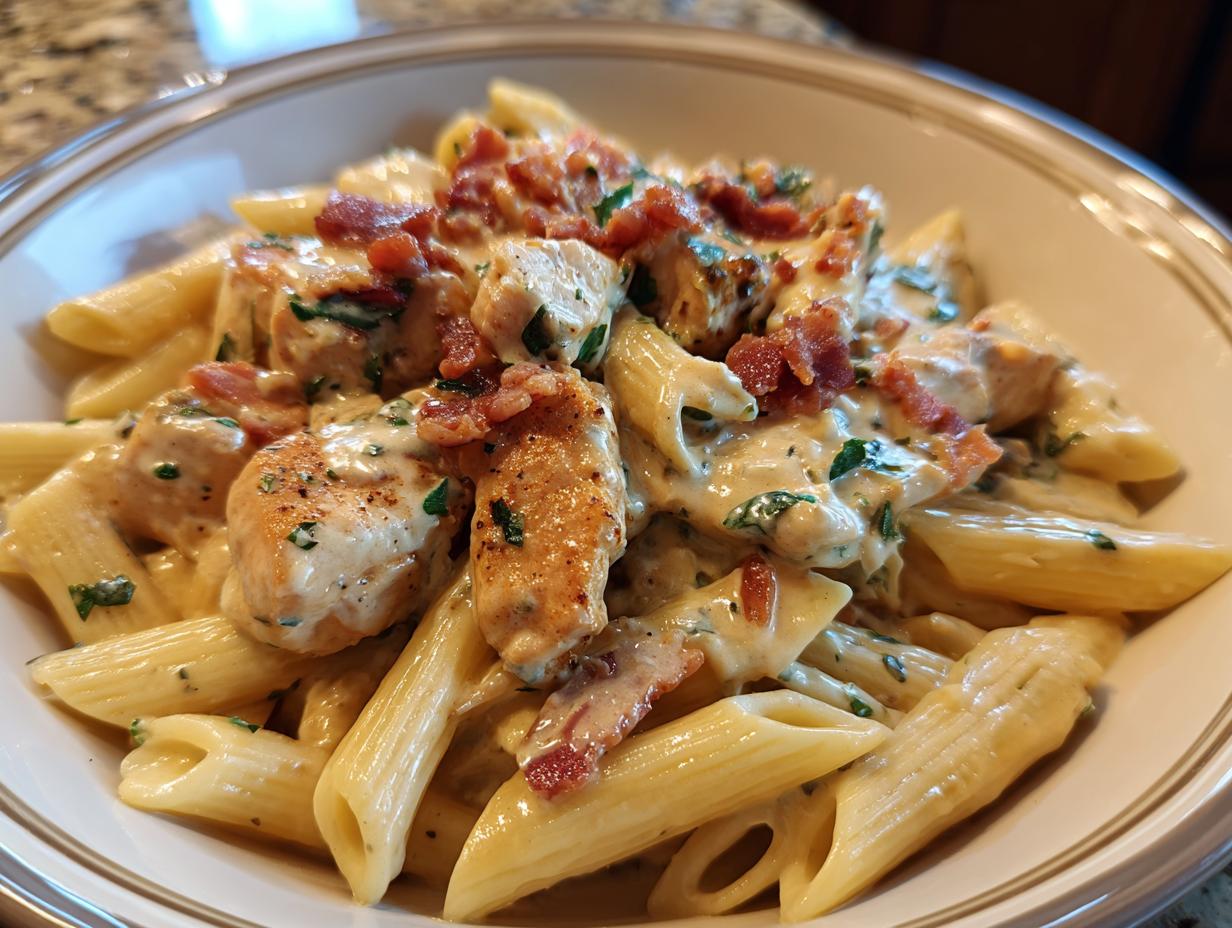 A close-up of creamy Chicken Bacon Ranch Penne pasta, topped with crispy bacon and fresh parsley.