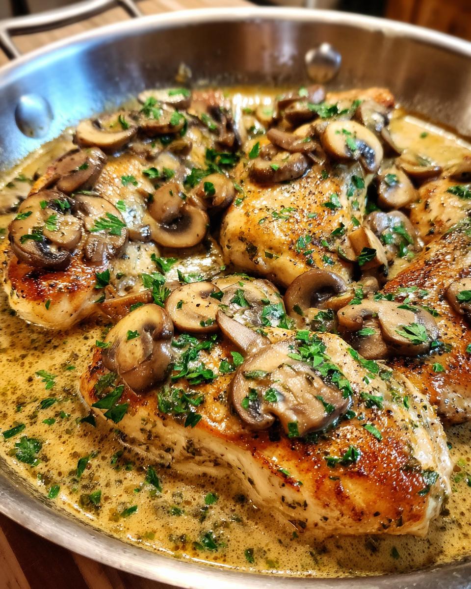 Close-up of pan-seared chicken breasts in a creamy mushroom skillet sauce, garnished with parsley.