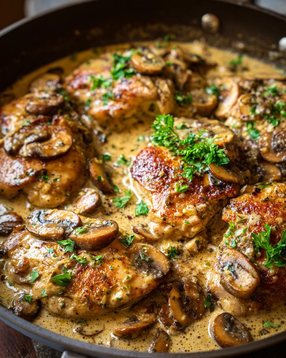Close-up of pan-seared chicken breast pieces in a creamy mushroom skillet sauce, garnished with fresh parsley.