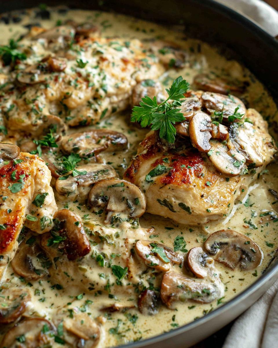 Close-up of chicken breasts in a creamy mushroom skillet sauce, garnished with parsley.