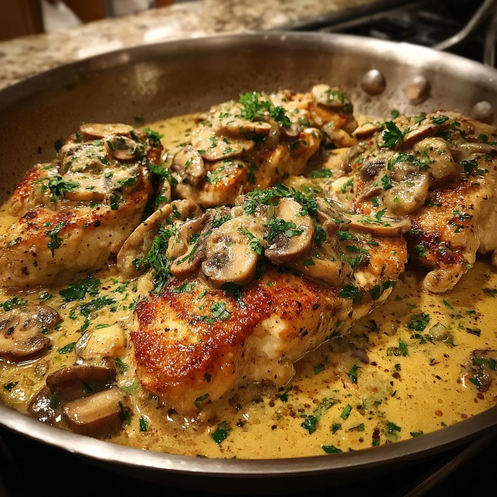 Close-up of pan-seared chicken breasts in a creamy mushroom skillet sauce, garnished with parsley.