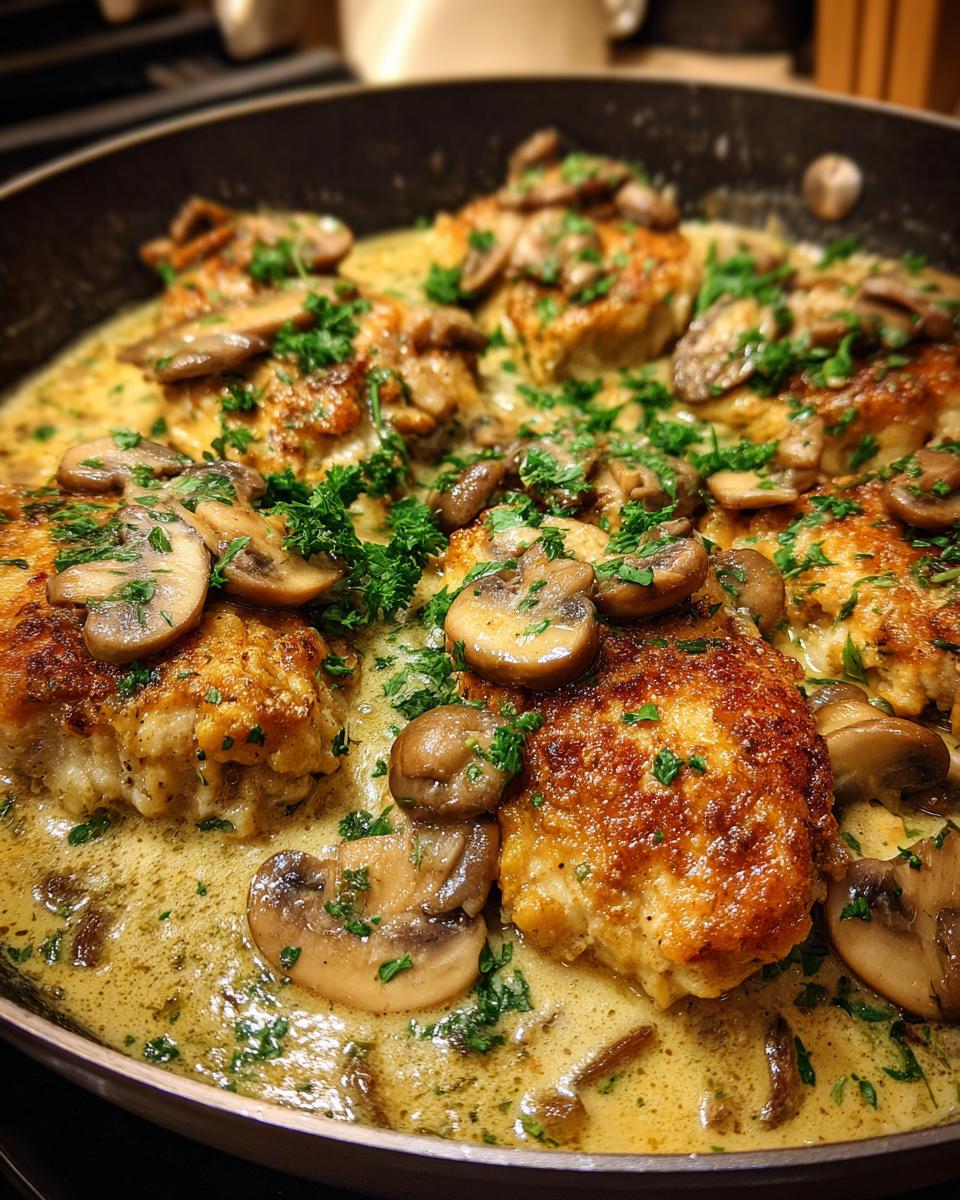 Close-up of pan-fried chicken breasts in a creamy mushroom sauce, garnished with fresh parsley.