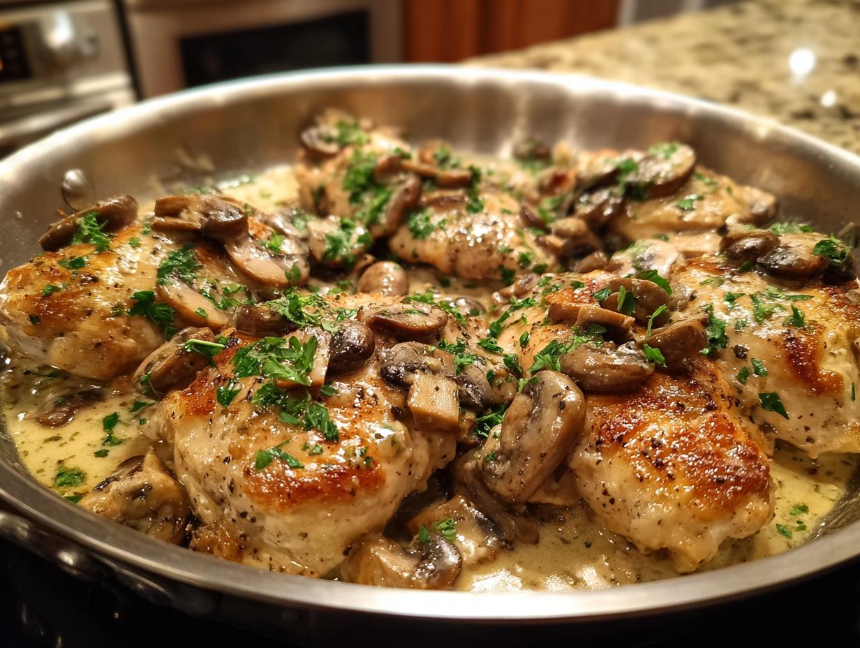 Close-up of chicken breast recipes with creamy mushroom skillet sauce, garnished with parsley.