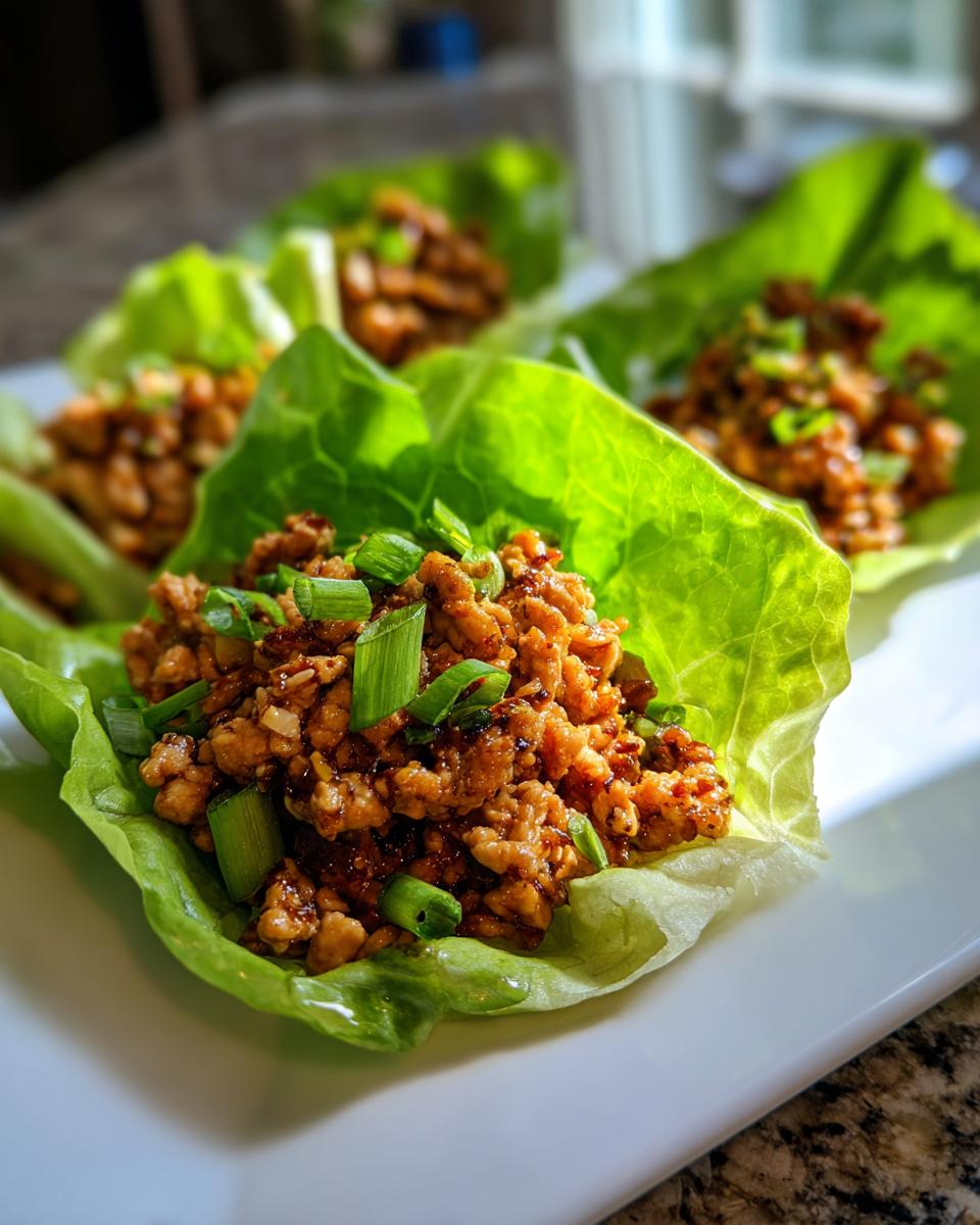 Close-up of fresh chicken lettuce wraps topped with chopped green onions, showcasing healthy lunch ideas.