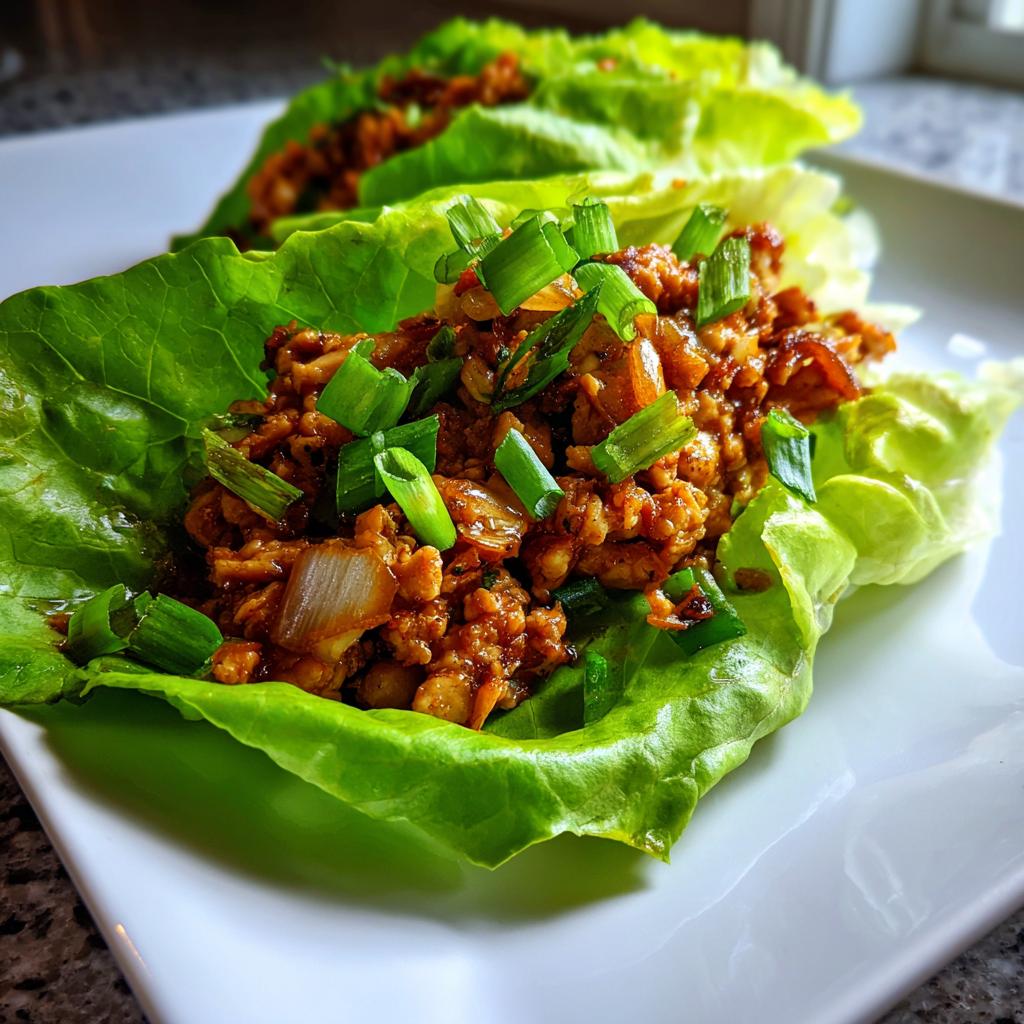 Close-up of fresh chicken lettuce wraps, a healthy lunch idea, topped with chopped green onions.