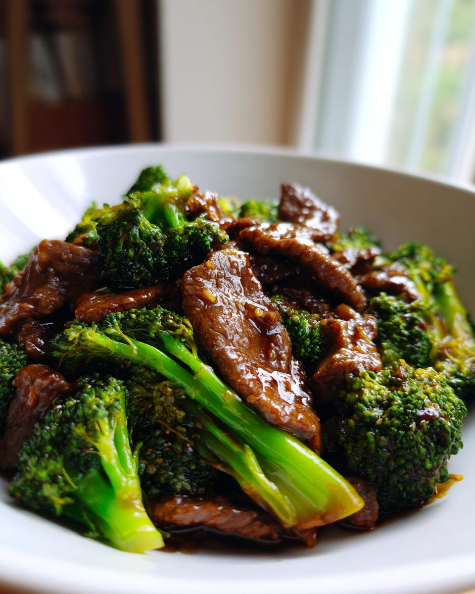 Close-up of tender slices of beef and vibrant green broccoli florets coated in a savory sauce, featuring Chinese Beef and Broccoli.