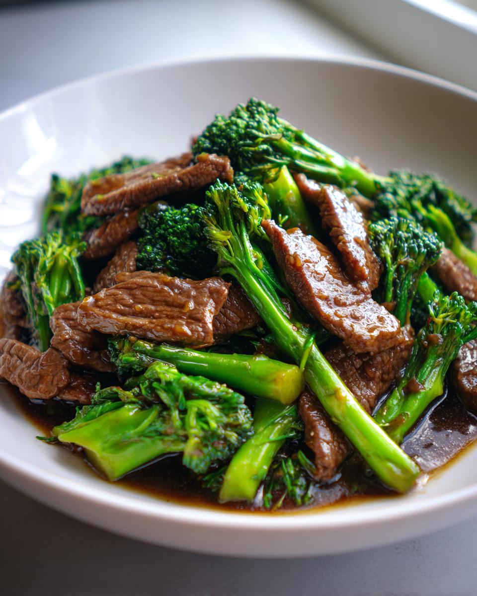 A close-up of Chinese Beef and Broccoli dish, featuring tender slices of beef and vibrant green broccoli florets coated in a glossy sauce.