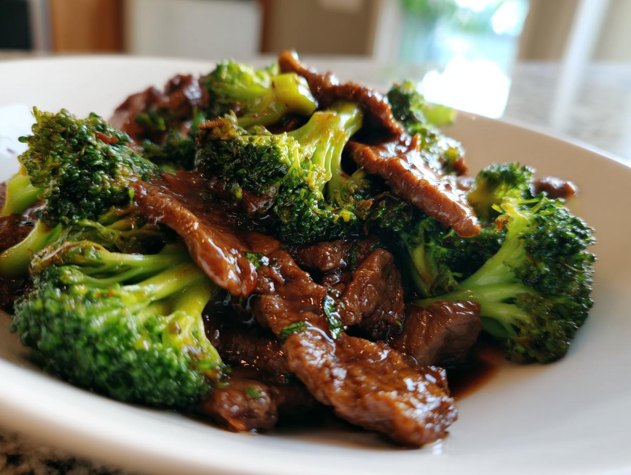 A close-up of a white plate filled with Chinese Beef and Broccoli, coated in a glossy sauce.