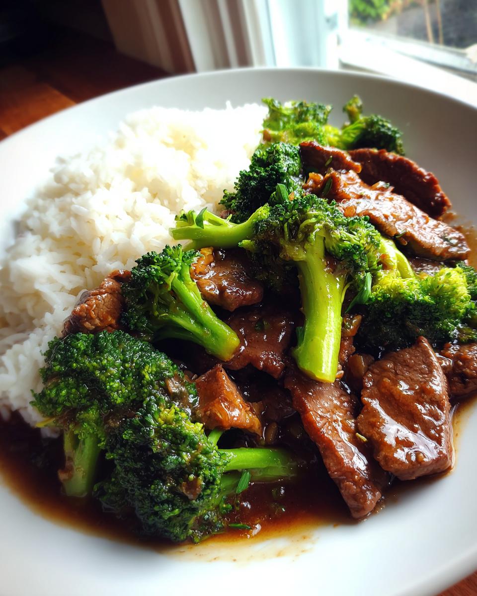 A plate of Chinese Beef and Broccoli served with white rice, featuring tender beef strips and vibrant broccoli florets in a savory sauce.