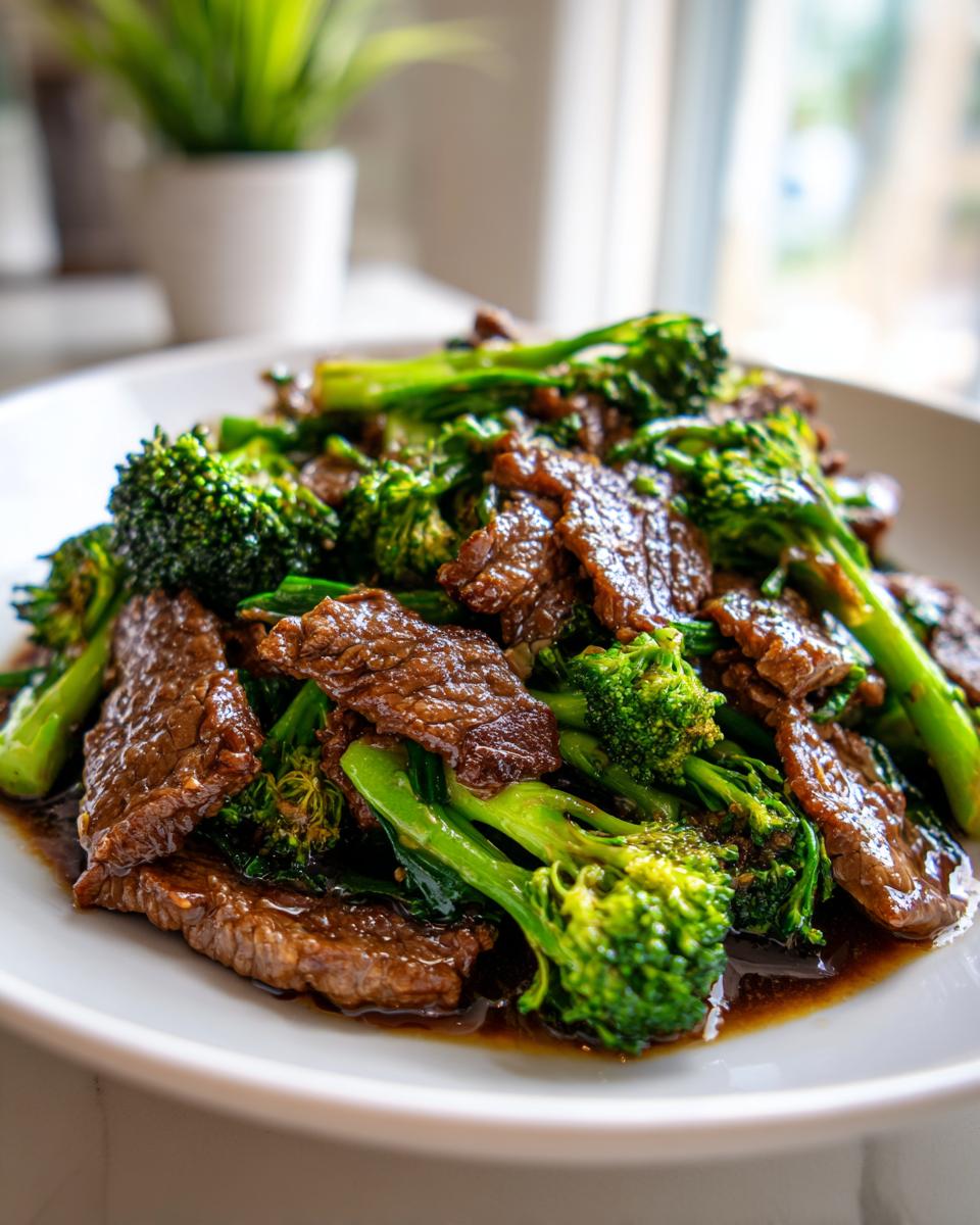 A close-up of a white plate filled with glistening Chinese Beef and Broccoli stir-fry, featuring tender beef slices and vibrant broccoli florets in a savory sauce.