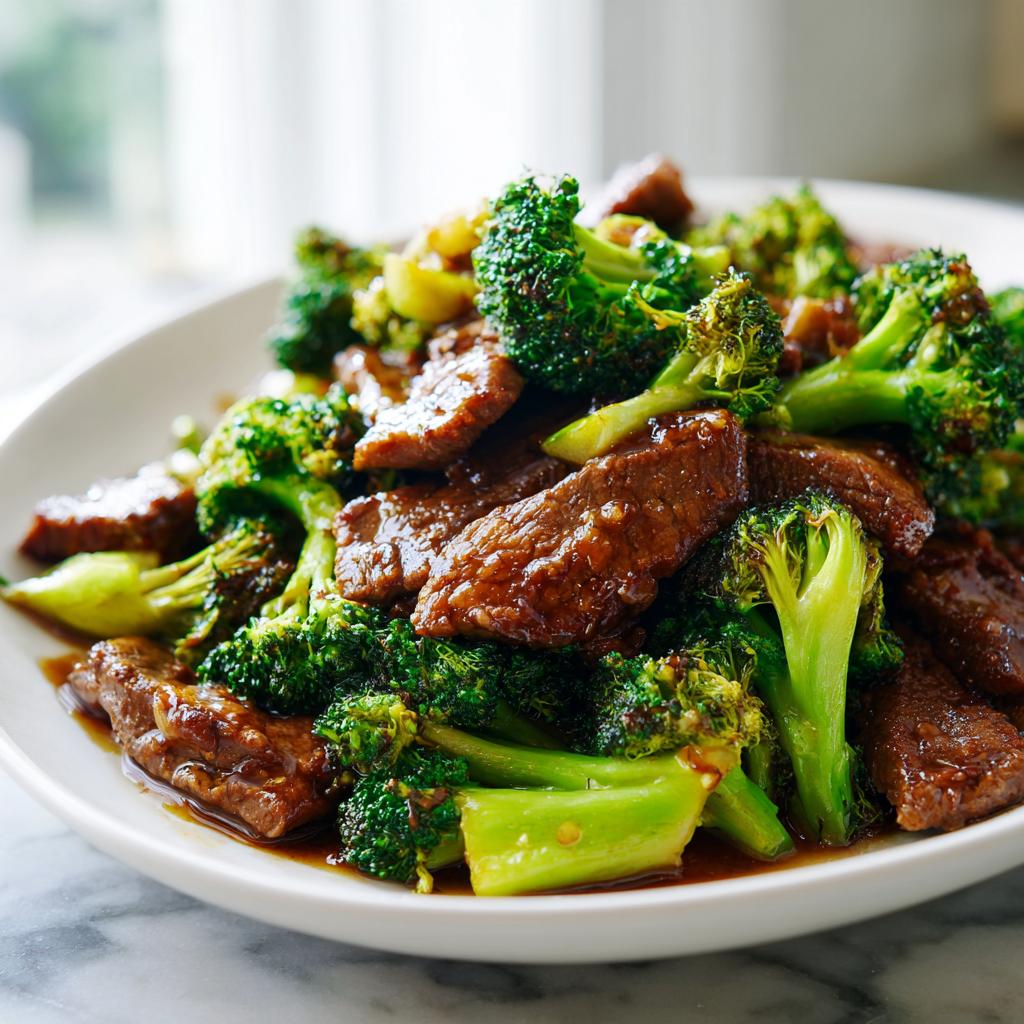 A close-up of a white plate filled with glossy Chinese Beef and Broccoli, showing tender beef strips and vibrant green broccoli florets coated in sauce.