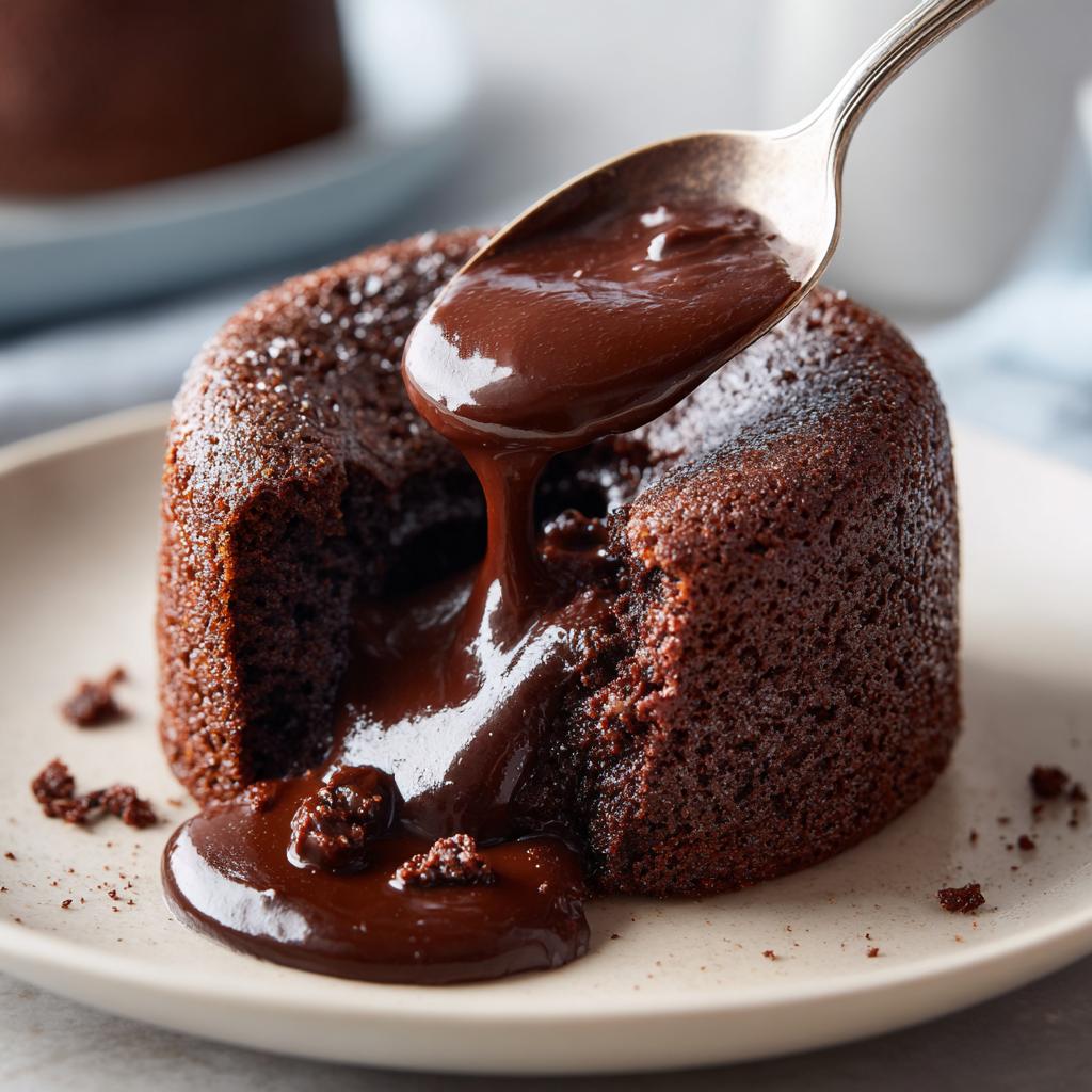 A spoon drizzling rich chocolate sauce over a perfectly baked chocolate lava cake, revealing its molten center.