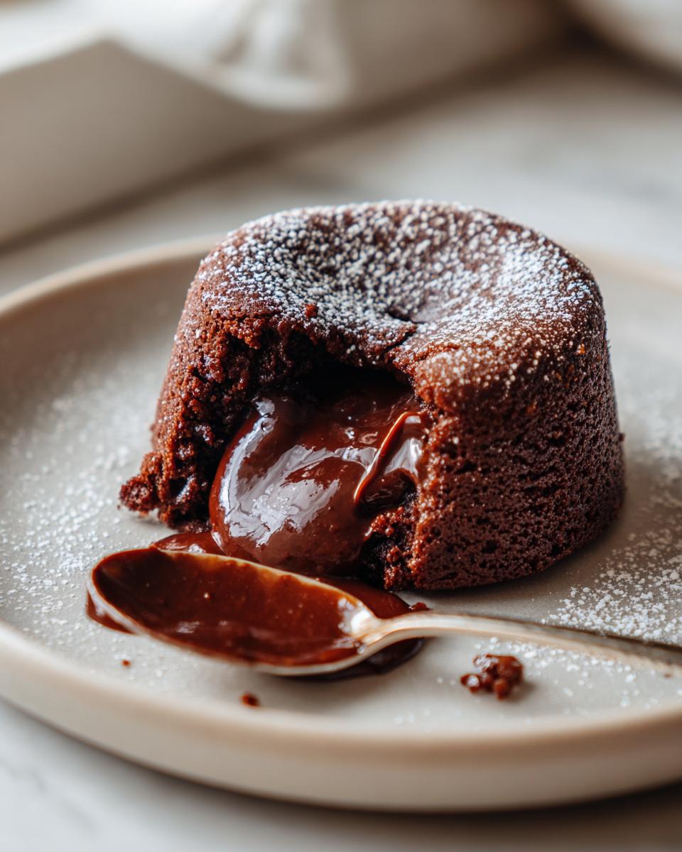 A close-up of a chocolate lava cake with molten chocolate oozing out, dusted with powdered sugar. Perfect for dessert recipes.