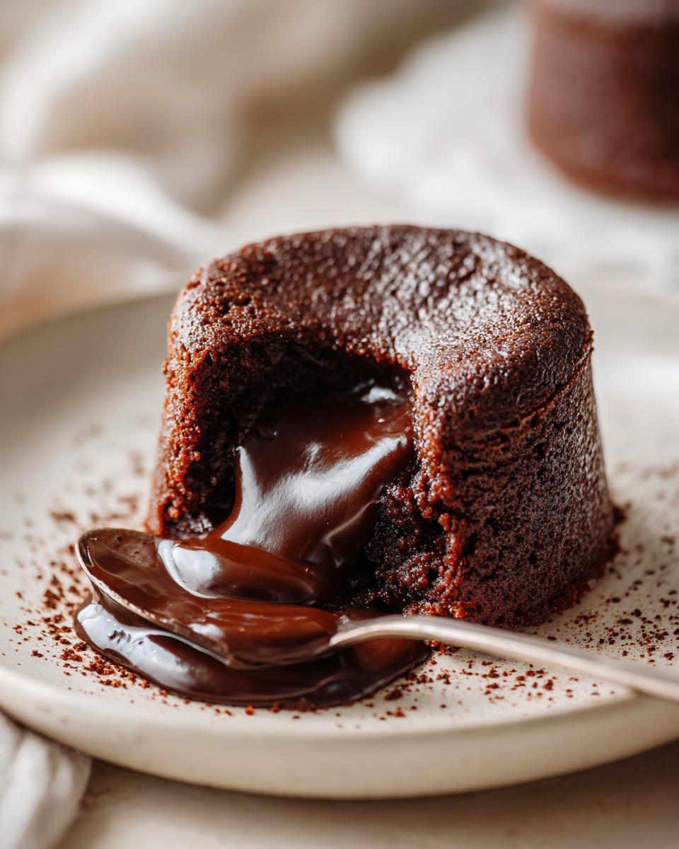 Close-up of a decadent chocolate lava cake with a molten chocolate center oozing out onto a spoon.
