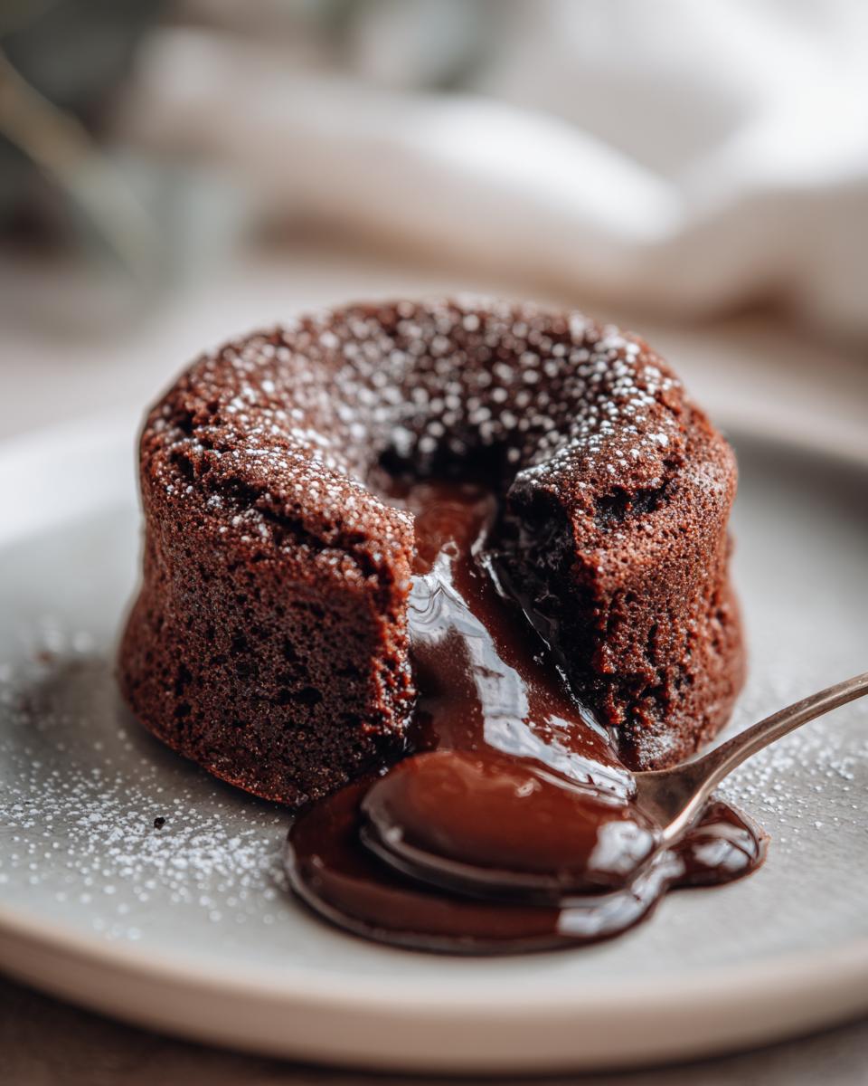 A close-up of a chocolate lava cake, dusted with powdered sugar, with molten chocolate oozing out onto a spoon.
