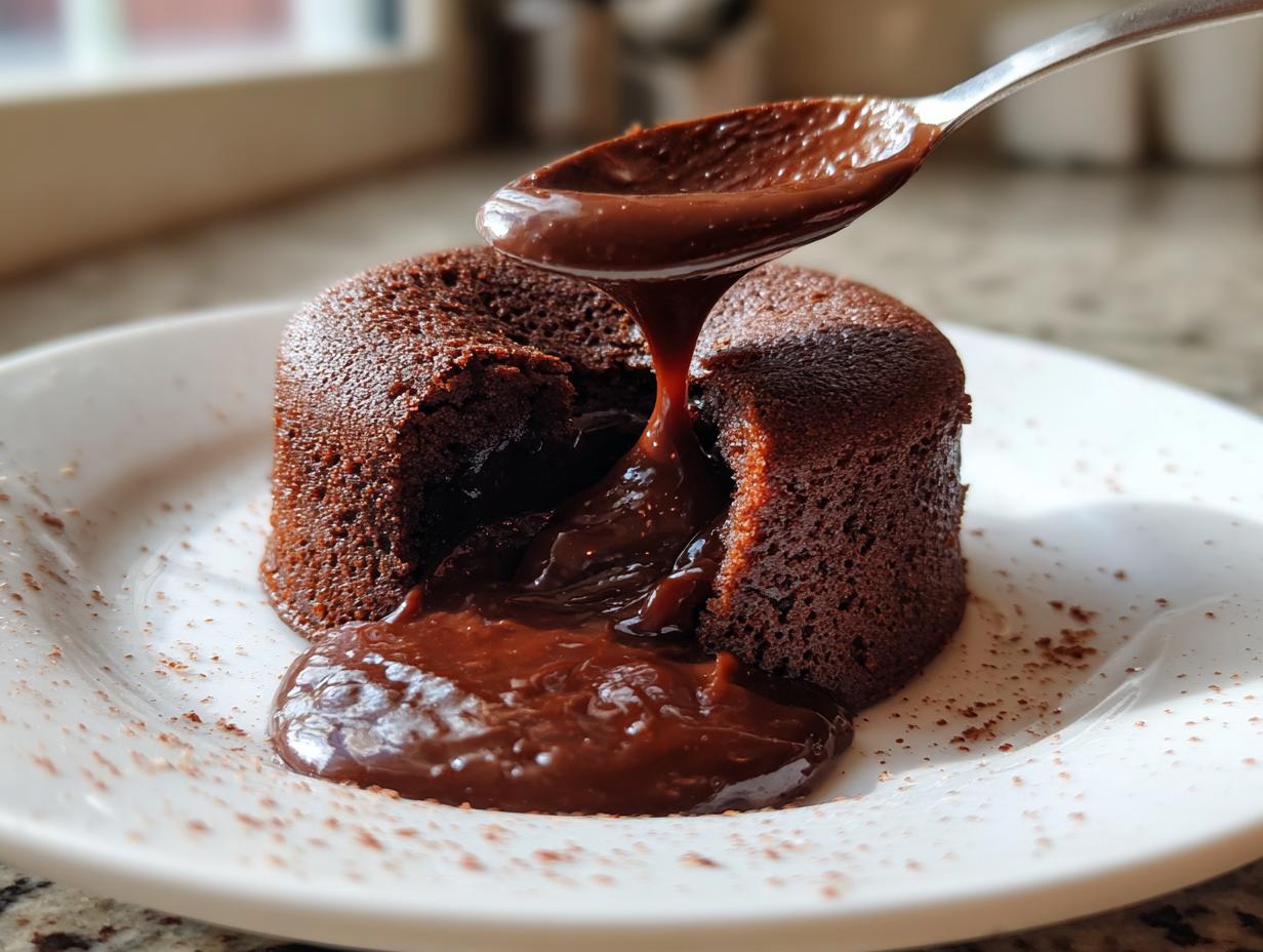 A spoon pouring molten chocolate lava from a decadent chocolate lava cake.