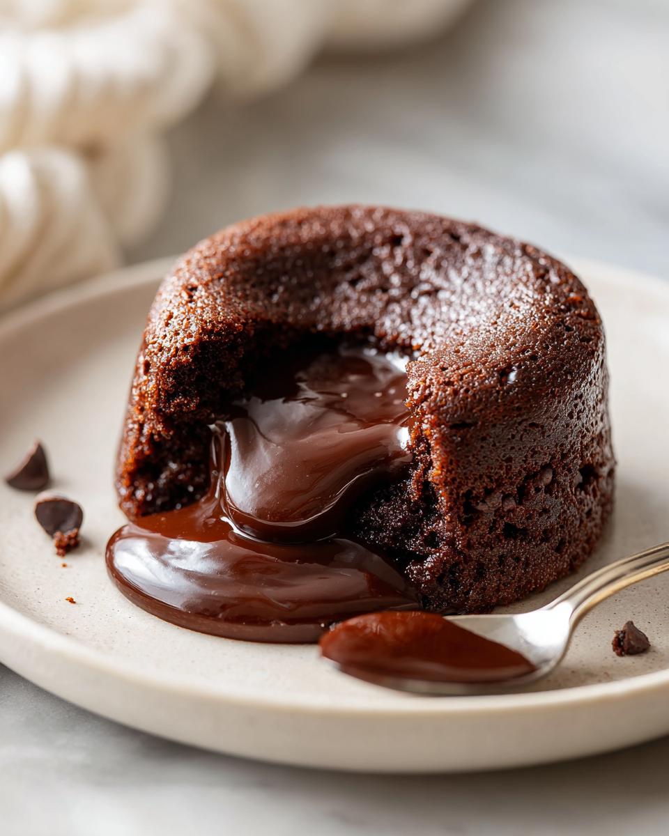 A close-up of a warm chocolate lava cake with molten chocolate oozing out, served on a plate with a spoon.