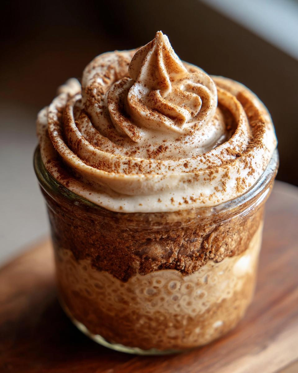 Close-up of cinnamon roll overnight oats in a jar, topped with whipped cream and cinnamon.