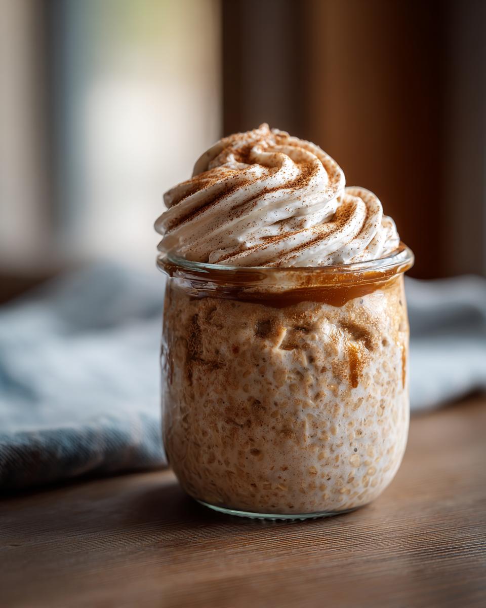 A jar of cinnamon roll overnight oats topped with whipped cream and cinnamon.