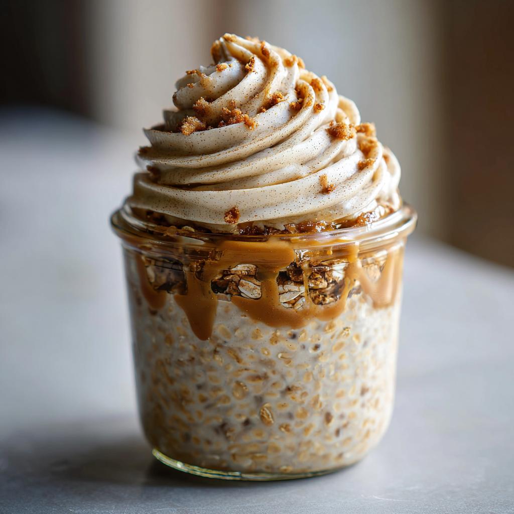 A delicious jar of Cinnamon Roll Overnight Oats topped with whipped cream and caramel drizzle.