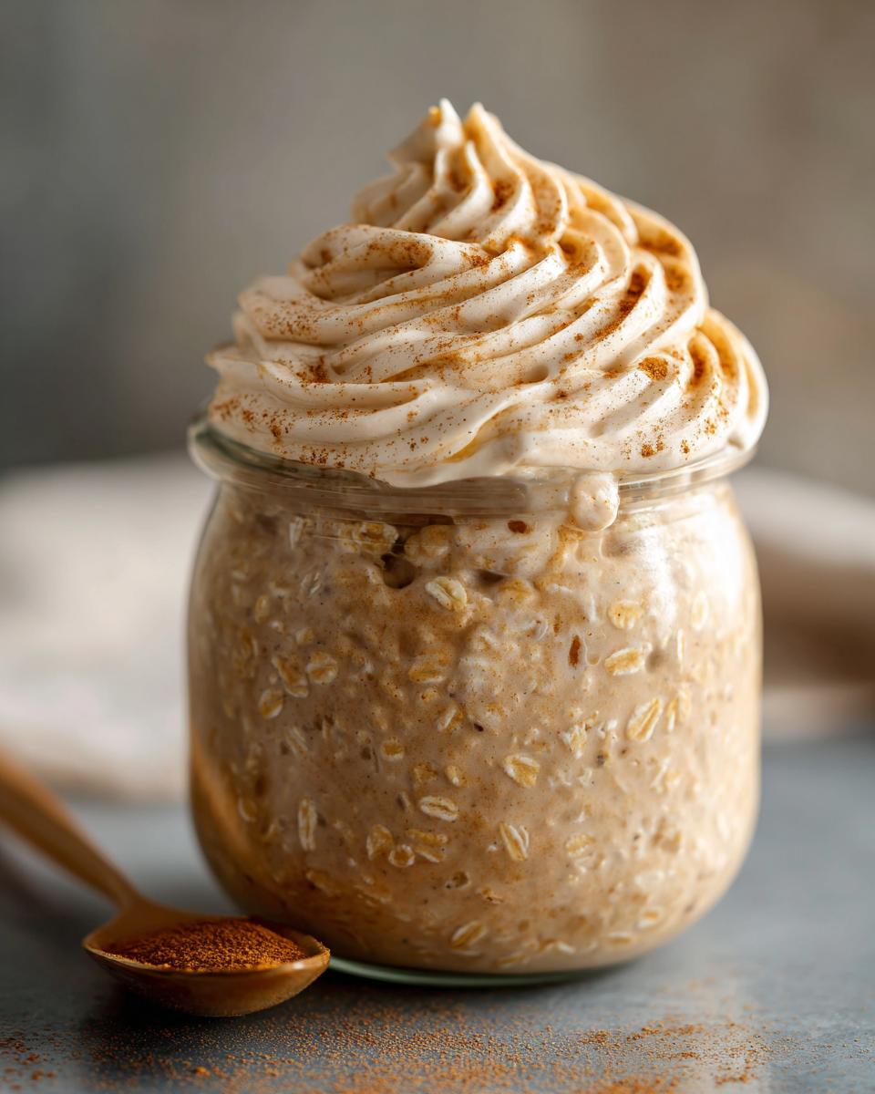 A jar of cinnamon roll overnight oats topped with whipped cream and cinnamon, with a wooden spoon of cinnamon in the foreground.