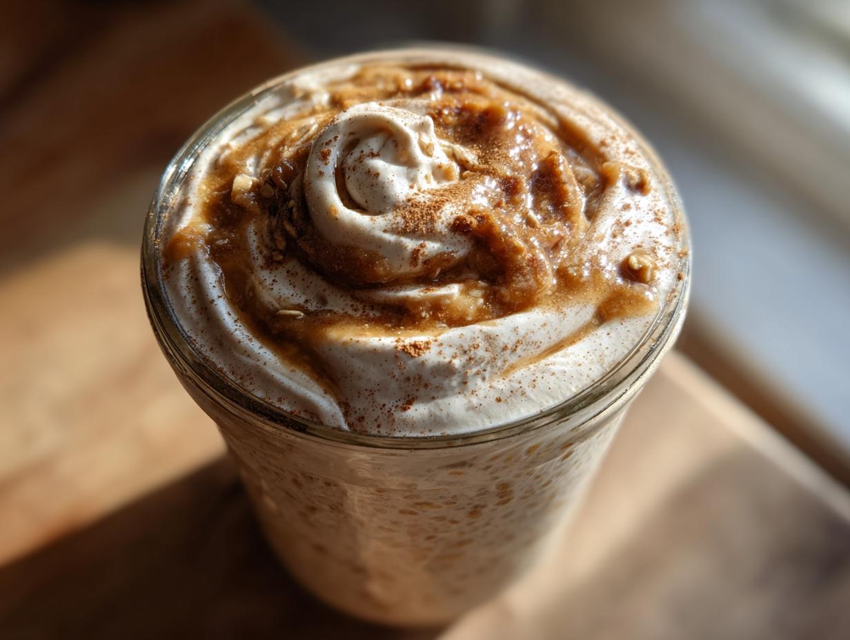 Close-up of cinnamon roll overnight oats in a jar, topped with whipped cream, cinnamon, and caramel drizzle.