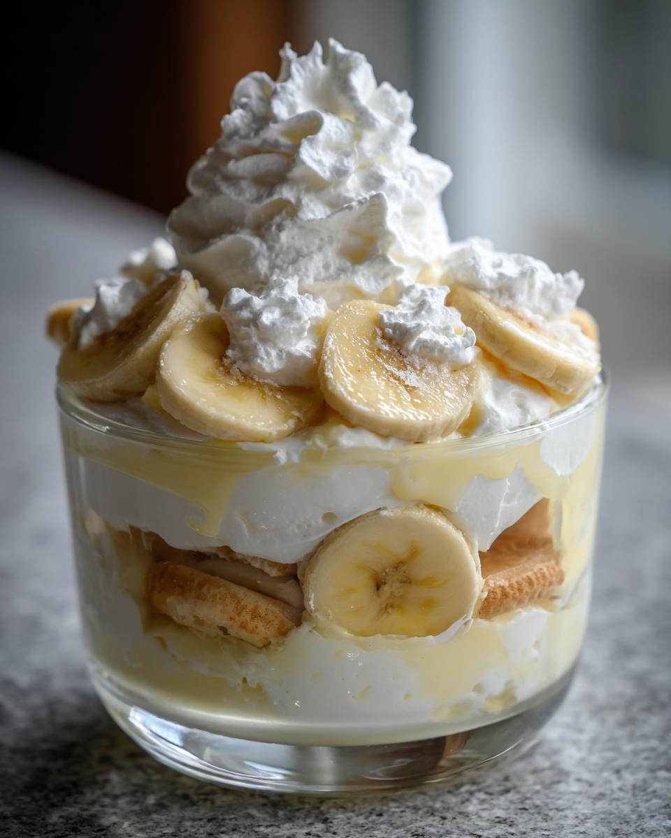A close-up of a glass filled with classic banana pudding, layered with vanilla wafers, creamy pudding, fresh banana slices, and topped with homemade whipped cream.