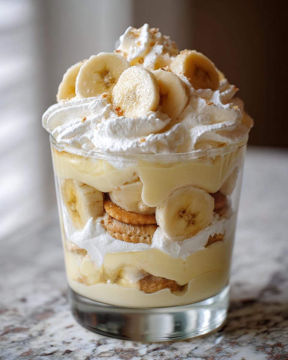 A tall glass filled with layers of creamy vanilla pudding, fresh banana slices, whipped cream, and cookies, showcasing classic banana pudding.
