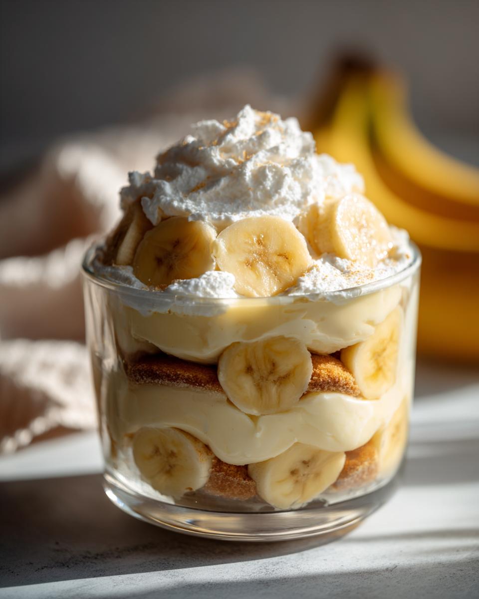 A layered glass of classic banana pudding with fresh banana slices and homemade whipped cream.