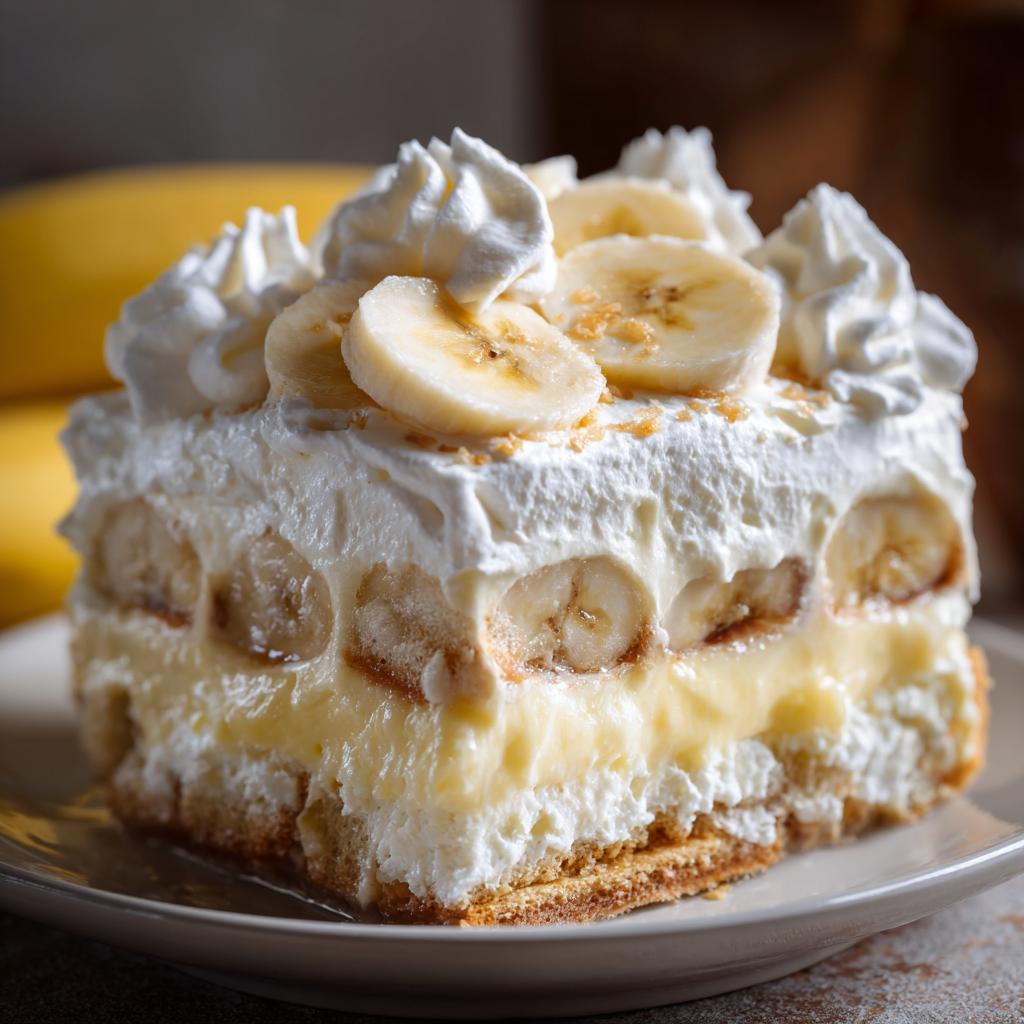 A delicious slice of classic banana pudding with layers of cookies, bananas, pudding, and homemade whipped cream.