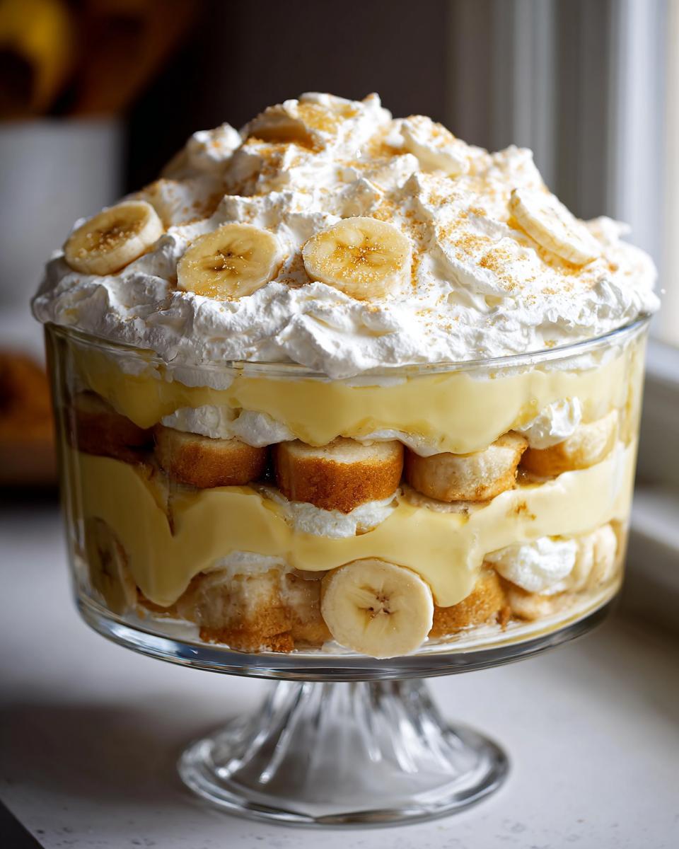 A beautiful glass trifle dish filled with layers of classic banana pudding, vanilla wafers, fresh banana slices, and homemade whipped cream.