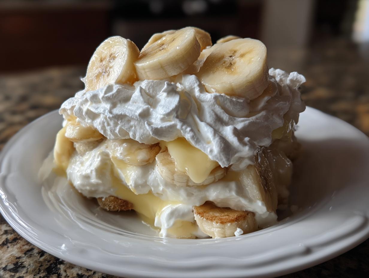 A decadent serving of Classic Banana Pudding with layers of creamy pudding, fresh banana slices, and fluffy homemade whipped cream.