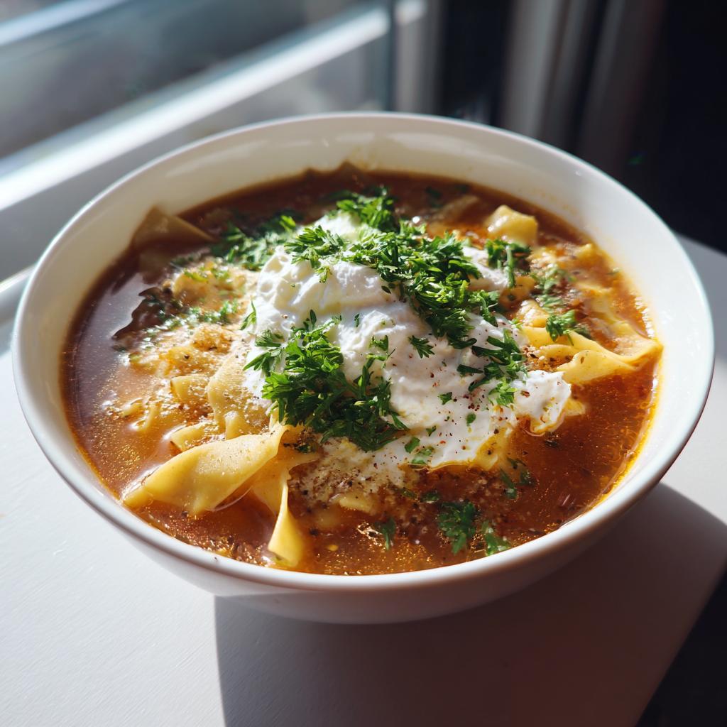 A hearty bowl of Classic Lasagna Soup, topped with a dollop of creamy ricotta and fresh parsley.