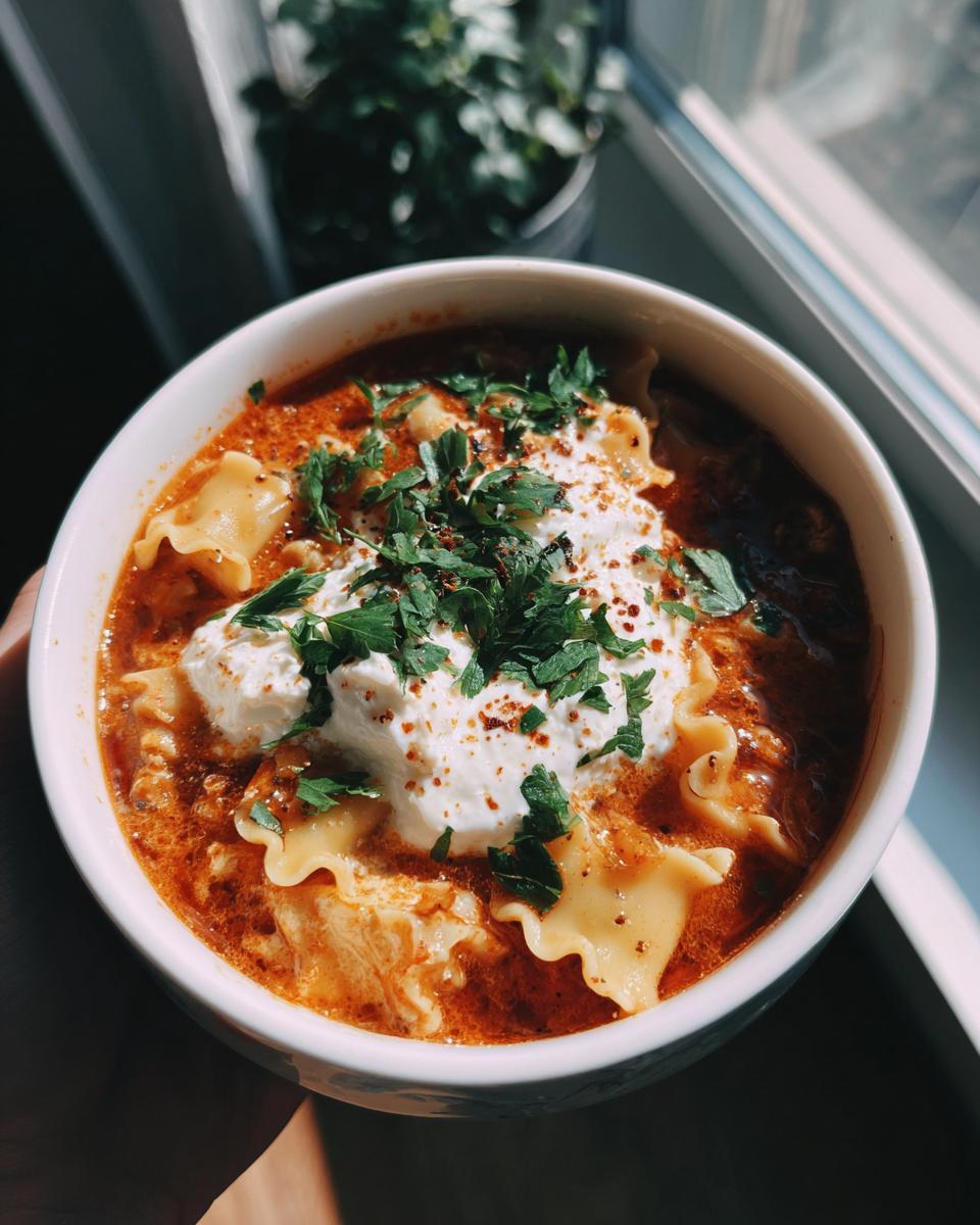 A bowl of classic lasagna soup with pasta, topped with ricotta cheese and fresh parsley. A perfect pasta recipe.