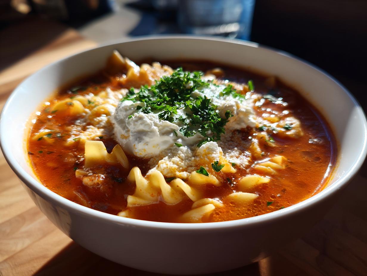 A close-up of a bowl of classic lasagna soup with pasta, topped with ricotta cheese and parsley.