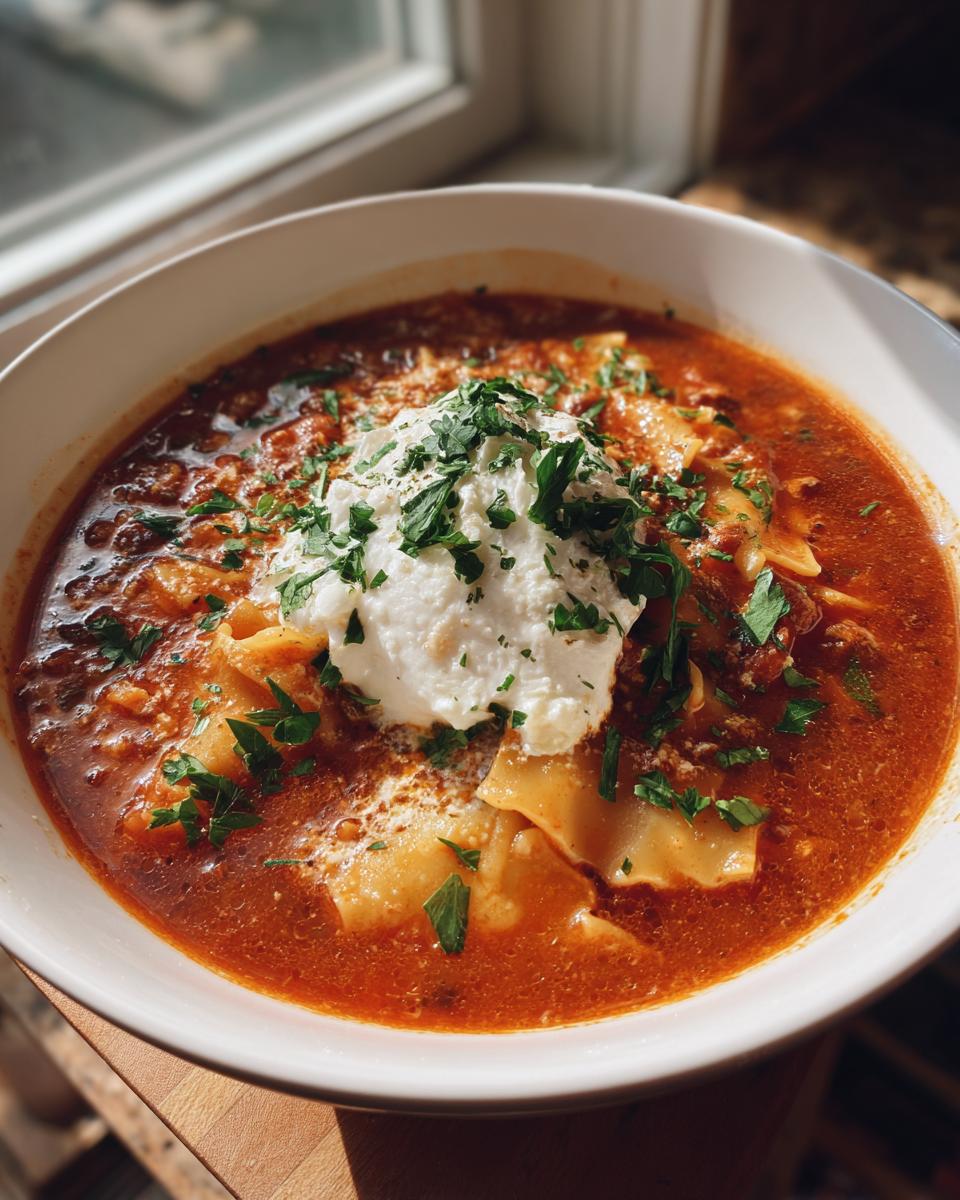 A bowl of Classic Lasagna Soup topped with ricotta cheese and fresh parsley, featuring pasta noodles and a rich tomato broth.