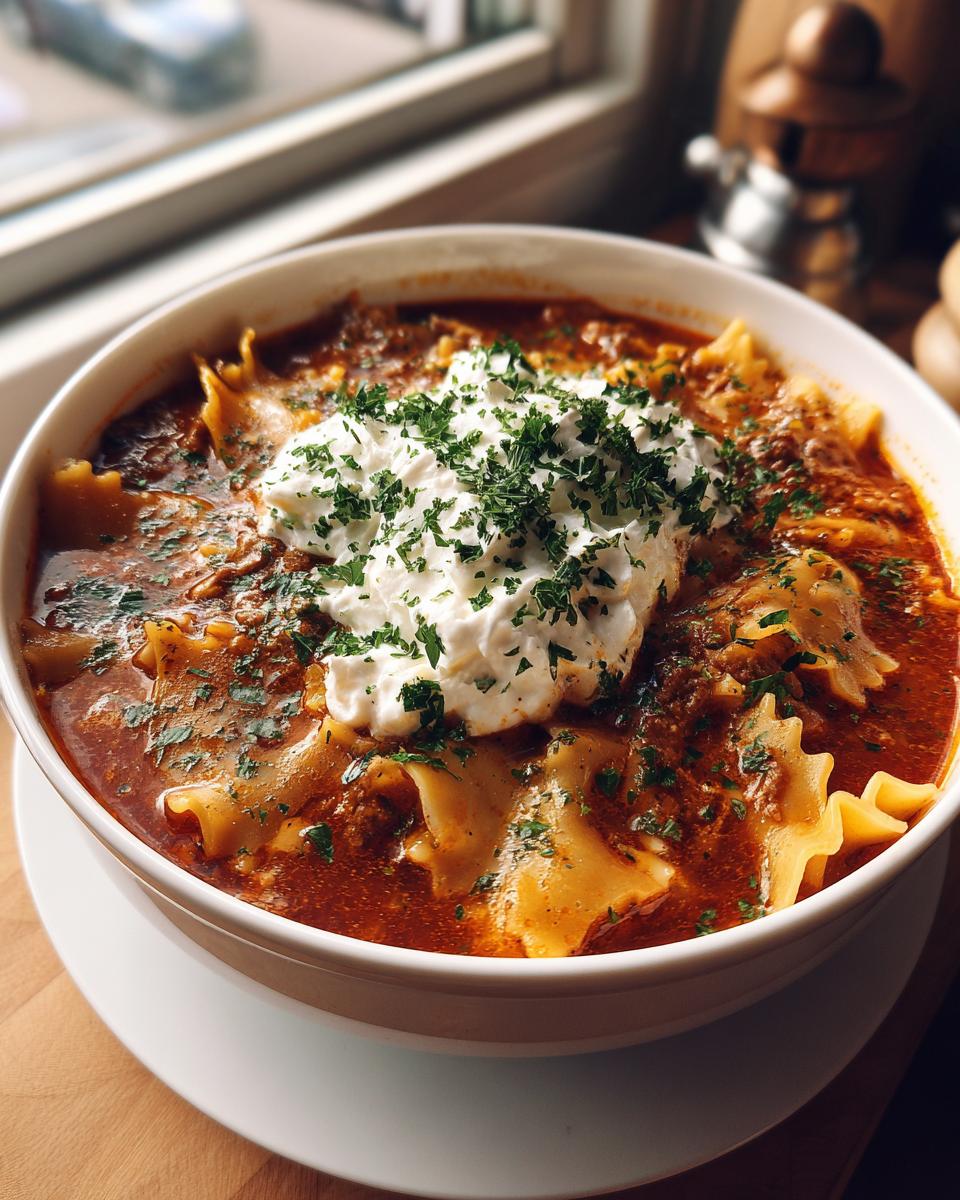 A bowl of classic lasagna soup with large pasta noodles, rich meat sauce, topped with ricotta cheese and fresh parsley.