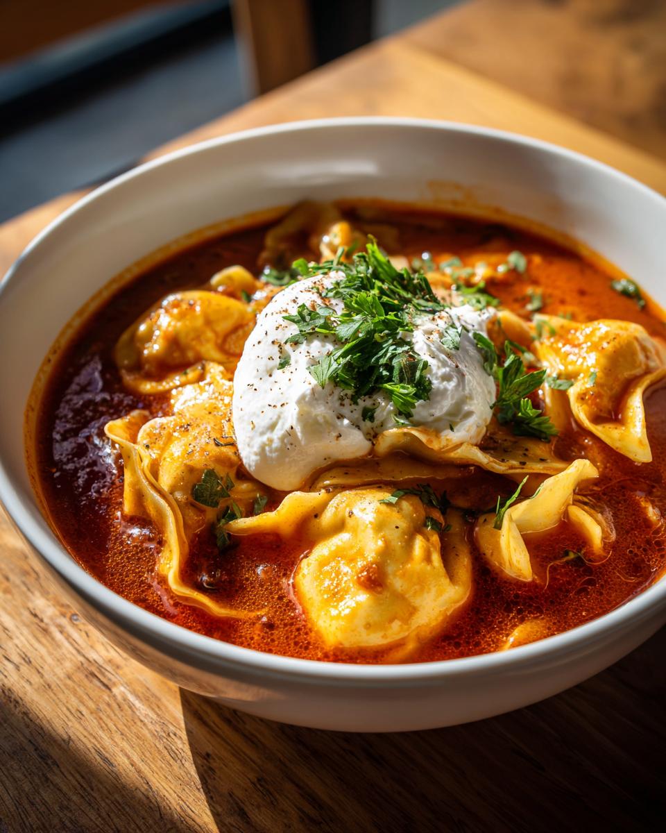 A bowl of classic lasagna soup with tortellini, topped with a dollop of ricotta and fresh parsley.