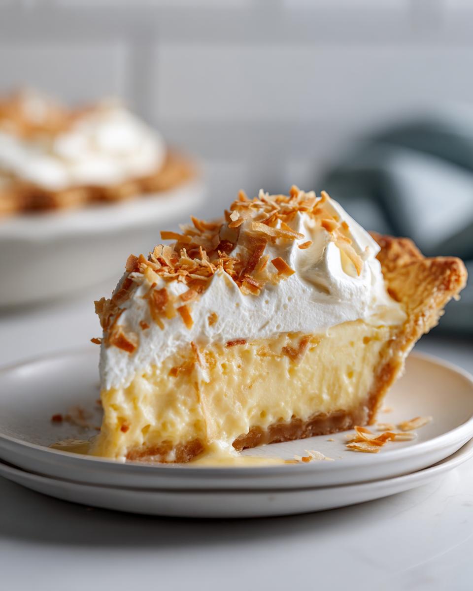 A delicious slice of coconut cream pie, topped with whipped cream and toasted coconut flakes, perfect for holiday dessert recipes.