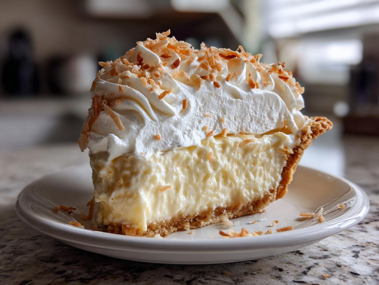 A delicious slice of coconut cream pie, topped with whipped cream and toasted coconut flakes, perfect for holiday dessert recipes.