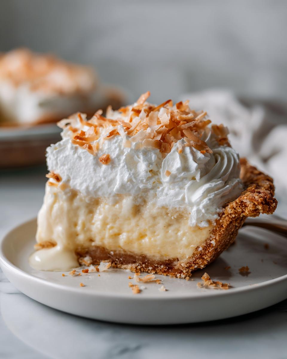 A decadent slice of coconut cream pie topped with whipped cream and toasted coconut flakes, perfect for holiday dessert recipes.