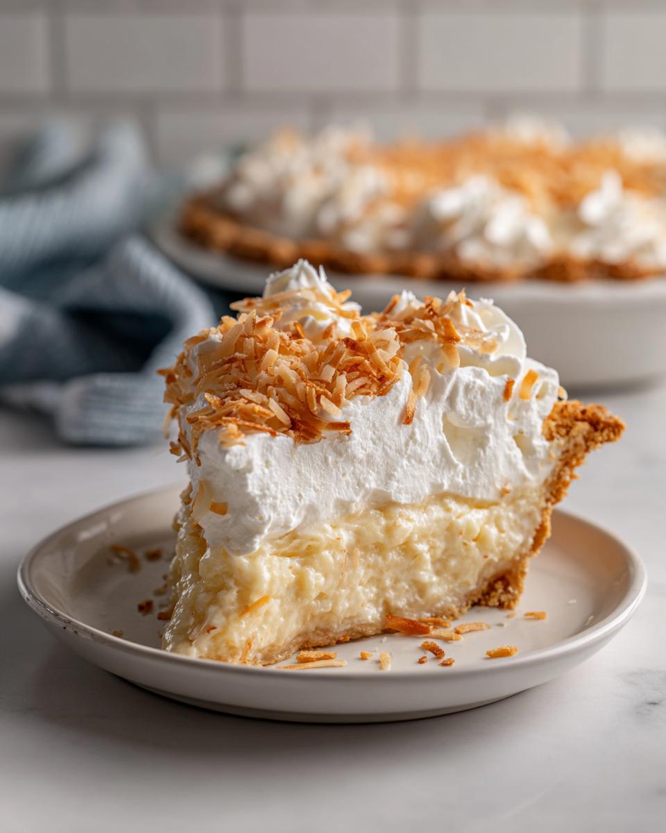 A generous slice of creamy coconut cream pie, topped with whipped cream and toasted coconut flakes.